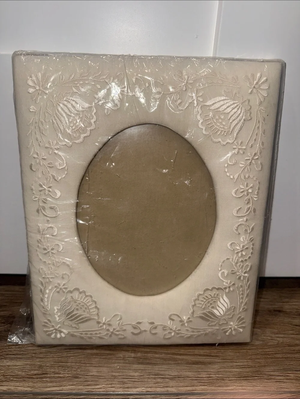 Cream Decorative Fabric Embossed Oval Photo Frames. Embroidered fabric.